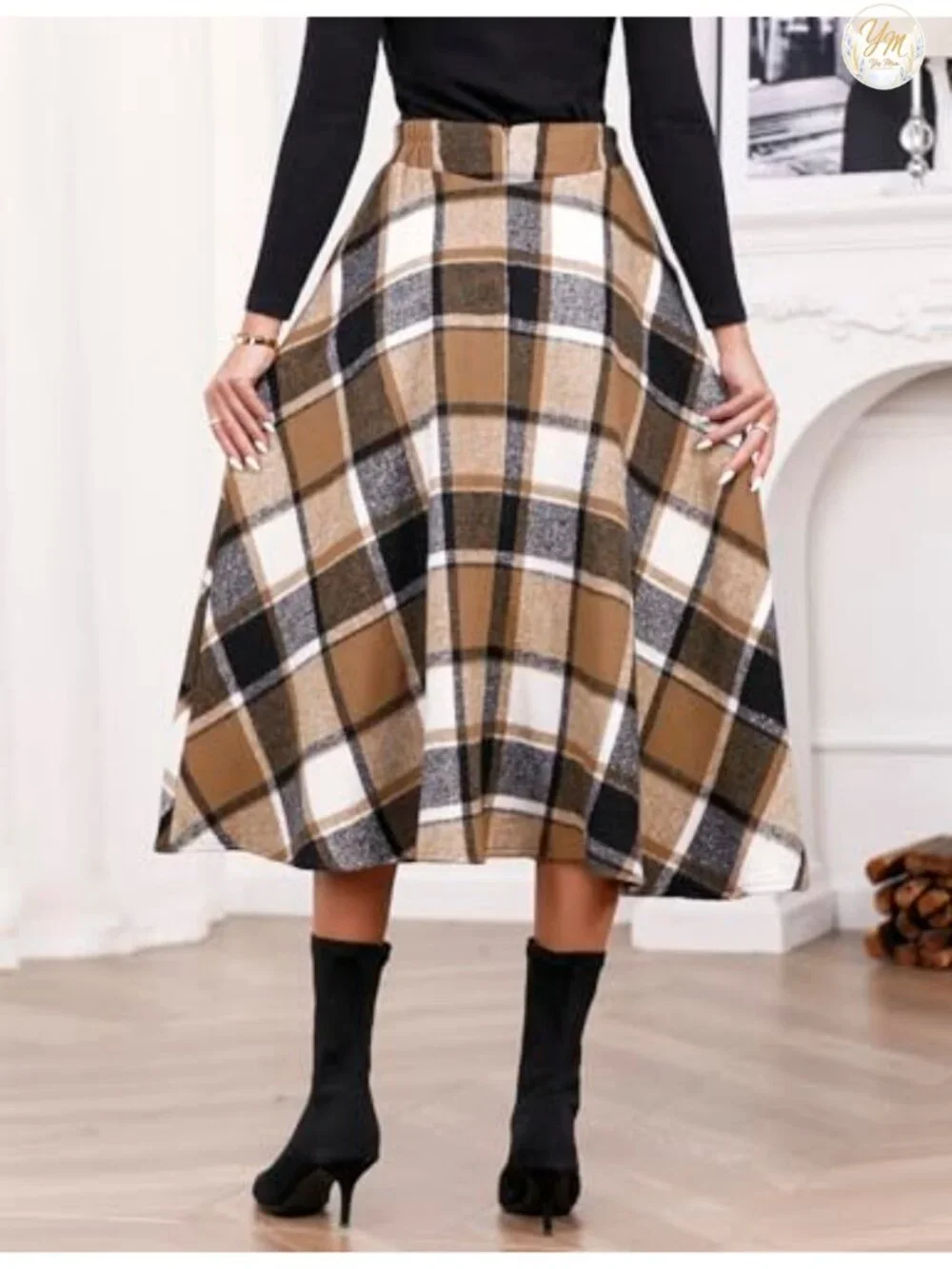 High Waisted Wool Plaid A-Line Long Skirt with Side Elastic Waistband
